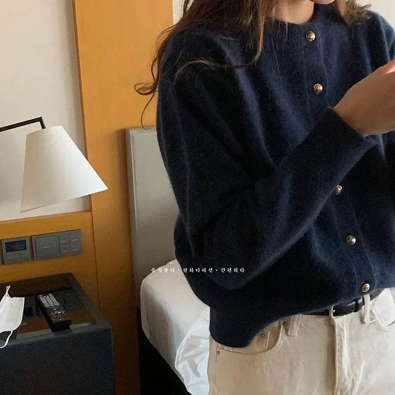 Knitted Cardigan women's 2023Spring New Korean Loose Solid Color Round Neck Sweater Coat - AIAZ