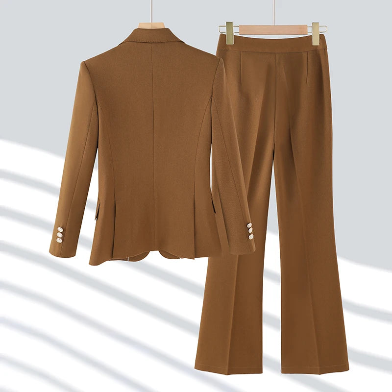 NAVIU High End Pant Suit Brown Solid Office Ladies Female Business Work Wear 2 Piece Set Formal Blazer Jacket And Trouser