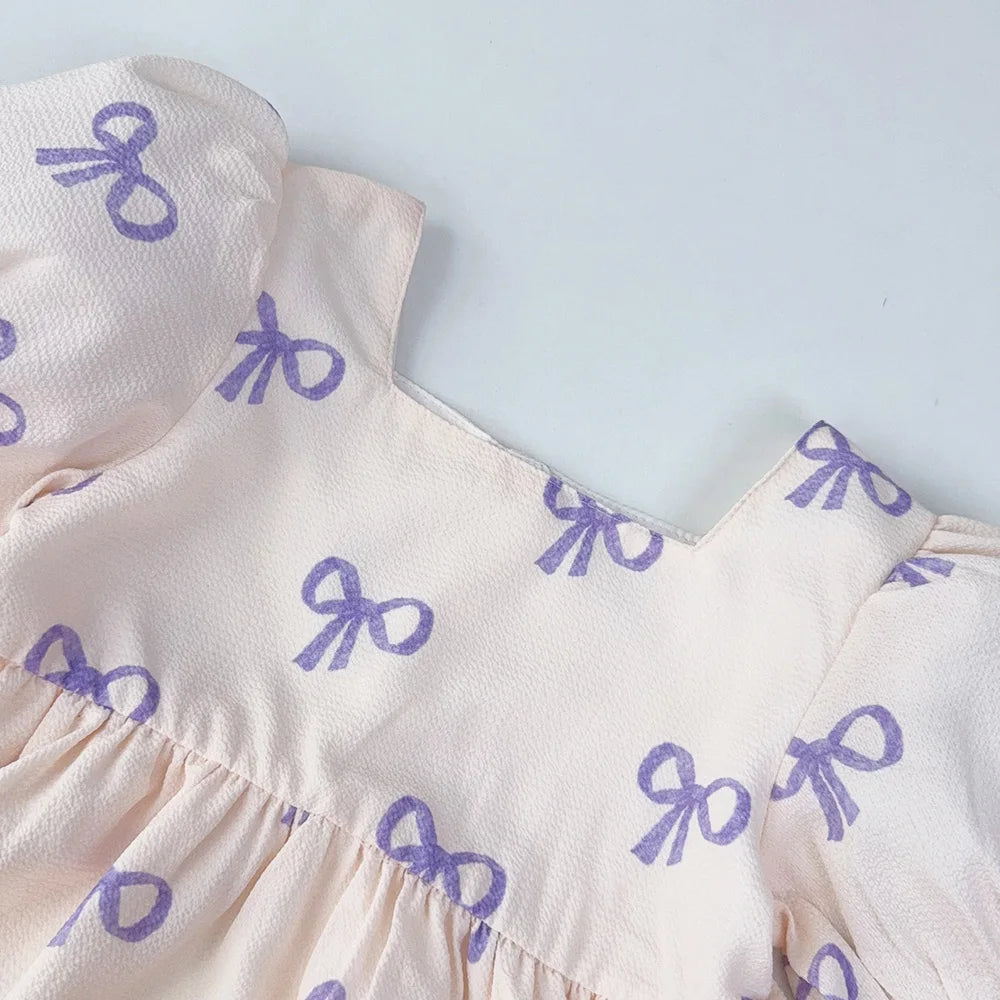 Bear Leader Short Sleeved Girls Clothing Summer New Bow Print Casual Dresses Sweet and Cute Kids Clothes for 3-7 Years Wear