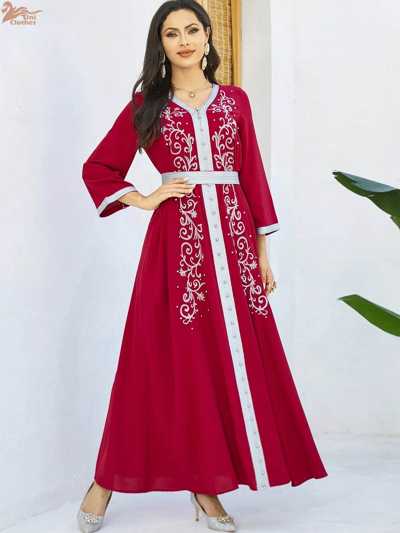 Muslim Fashion Beading Ebroidered Print V-neck long-sleeved Dress Moroccan Islamic Dress With Belt Elegant Party Dress - AIAZ
