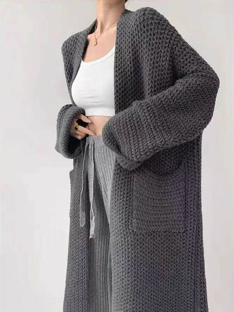 Korean Cardigan Sweater for Women Autumn Winter Loose Lazy Style Female Midi Knit Coats Fashion V Neck Casual Big Pocket Jumpers - AIAZ