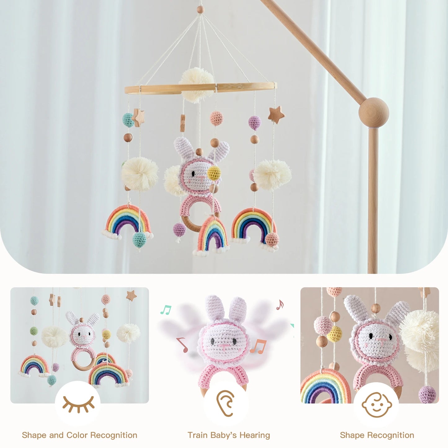 Baby Crib Mobile Wooden Wind Chime Bed Bell, Animal Crib Mobile With Music for Girls and Boys, Mobile for Bassinet Room Decor
