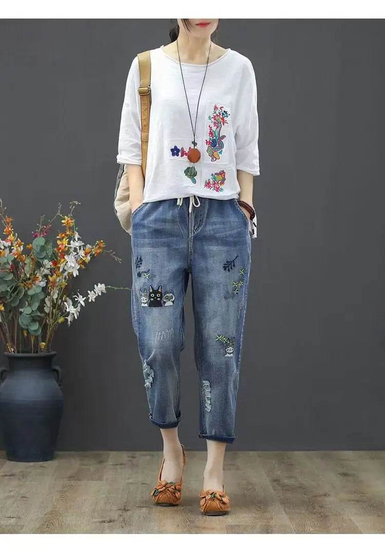 Womens Vintage Floral Loose Denim Pants 2025 Spring Chinese Style Casual Ripped Blue Jeans Holes Elastic Harem Trousers - AIAZ