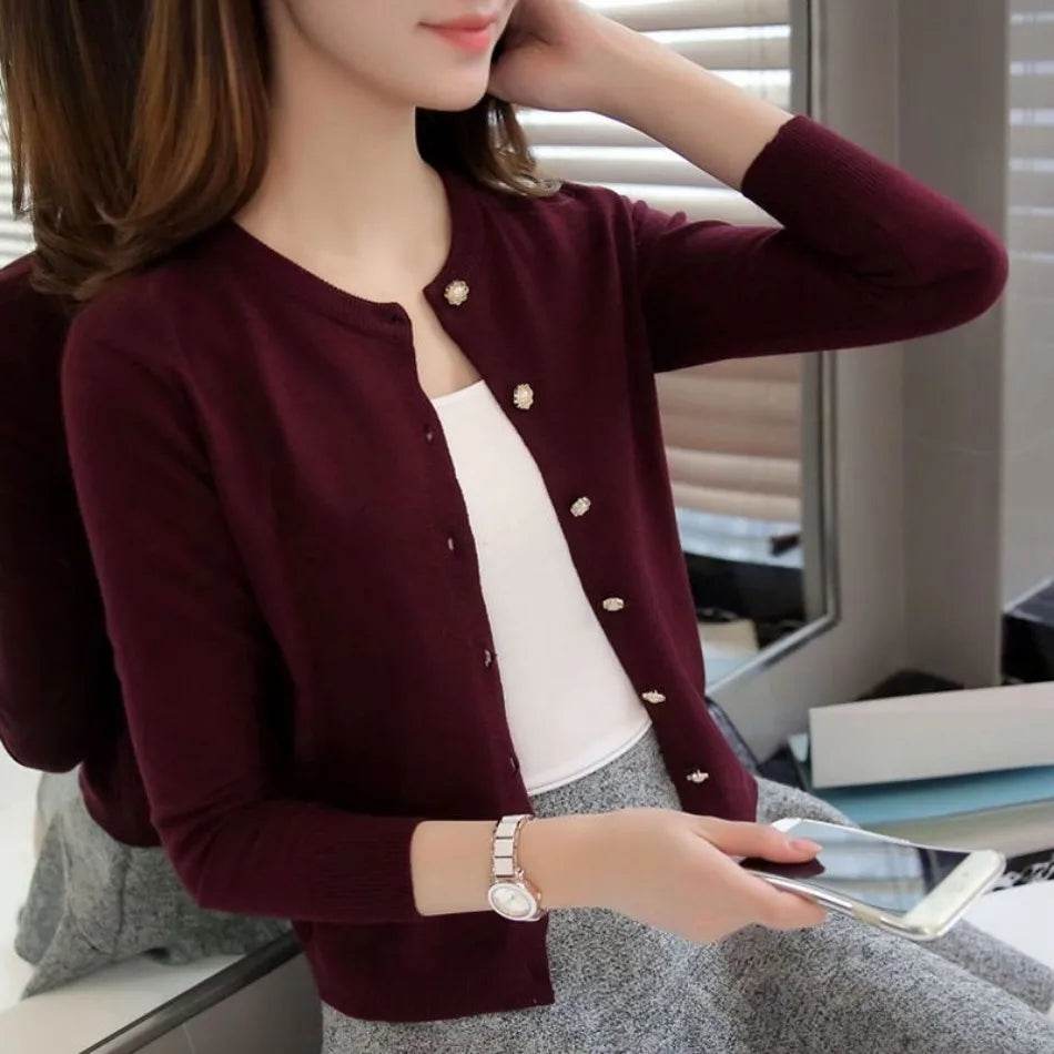 Cardigan Women's Thin Spring Autumn with Neck Slim-fit Shirt Short Top Solid Color Sweater Small Coat Cardigan White Cardigan - AIAZ