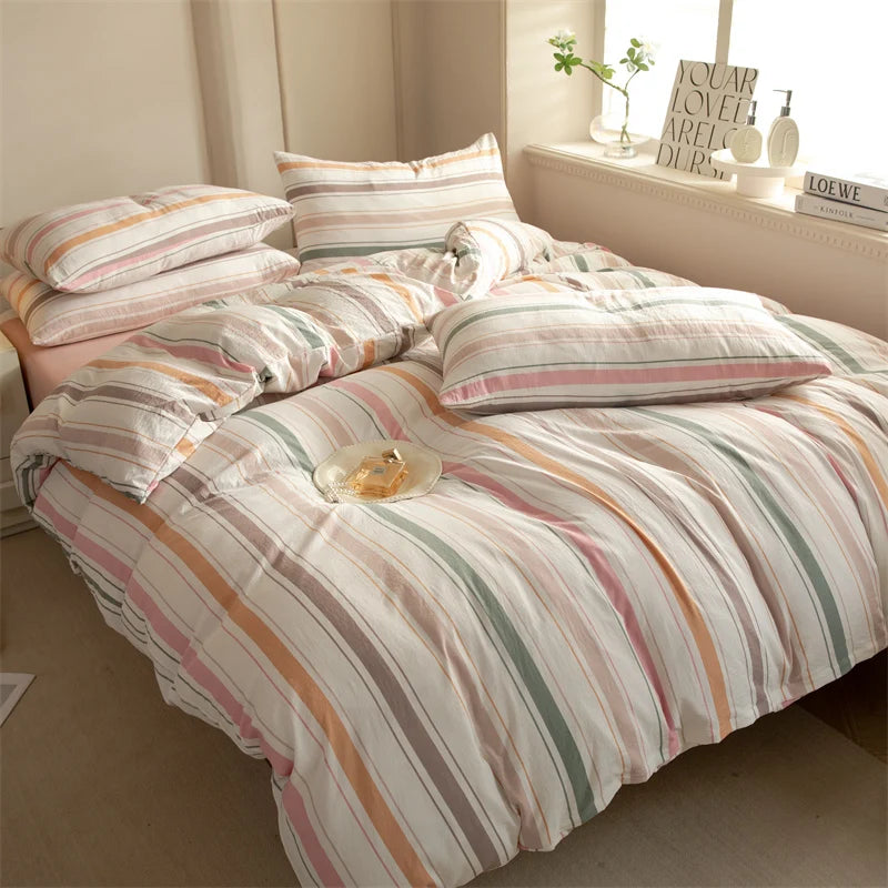 Striped Duvet Cover Set Queen 100% Washed Cotton Bedding Set, Luxury Soft Pink Vertical Ticking Stripes Comforter Cover, (3pcs)