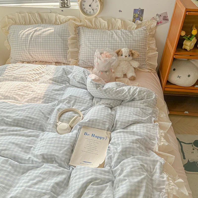 Korean Princess Style Bedding Set Soft Skin-friendly Lattice Lace Ruffles Quilt Cover Plaid Style Duvet Covers Set Pillowcases