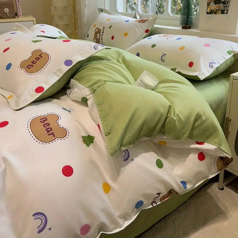 Cute Bear Duvet Cover Set with Zipper Pink Heart Bed Sheet Pillowcases No Filler Twin Queen Size Girls Boys Gift Bedding Set