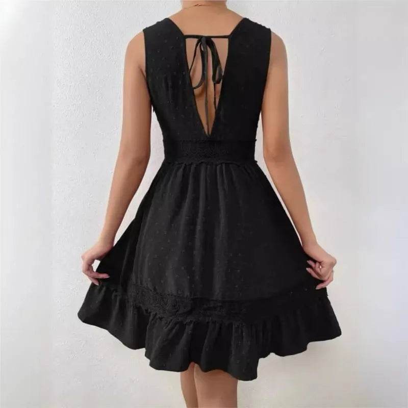 Women's White Party Dress Fashion Lace V-neck Ruffle Hook Flower Hollow Waist Mini Women Dresses Summer Sexy Prom Female Vestido - AIAZ