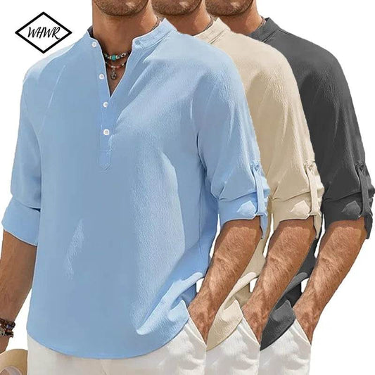 Men's Linen Shirt Summer 2025 Casual Short Sleeve Breathable Stand Collar Loose Fit Trendy Solid Color Youth Top with Pocket - AIAZ
