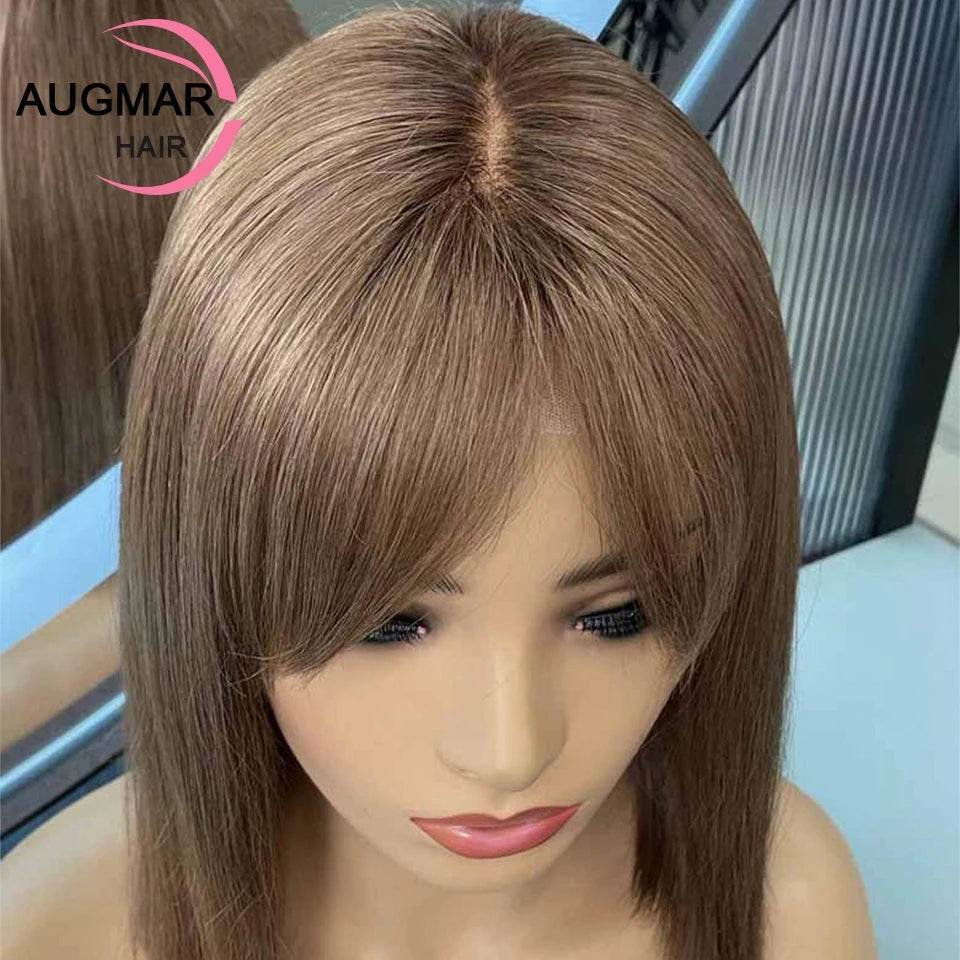 13x6 Chestnut Brown Bob Hair Wig Human Hair Lace Frontal Wig With Bangs Brazilian 13x4 Short Straight Lace Front Wigs For Women - AIAZ