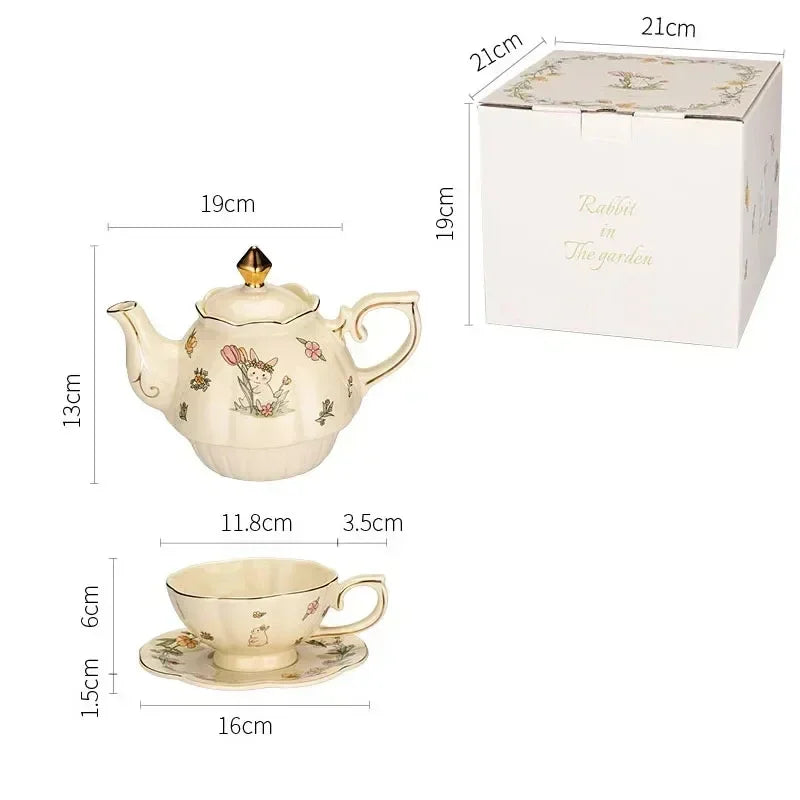 Luxury Ceramic Teapot Gift Box Cup and Pot Girl and Rabbit Ceramic Teapot Coffee Cup Dish Set Birthday Gift  for Tea Lovers