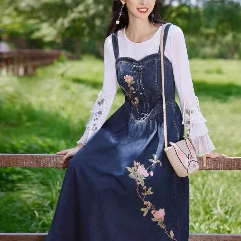 Embroidered Denim Dress For Women Spring Summer 2025 New Retro Versatile Waist Closure Long Denim Strap Dress Mujer Vestidos - AIAZ