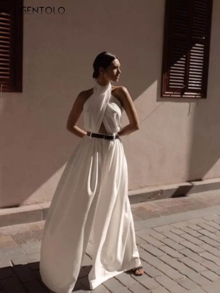 Women Sexy Backless Jumpsuits Halte Sleeveless Slim High Waist Sping Summe Thin Lady Elegant Streetwear Long Wide-leg Pants - AIAZ