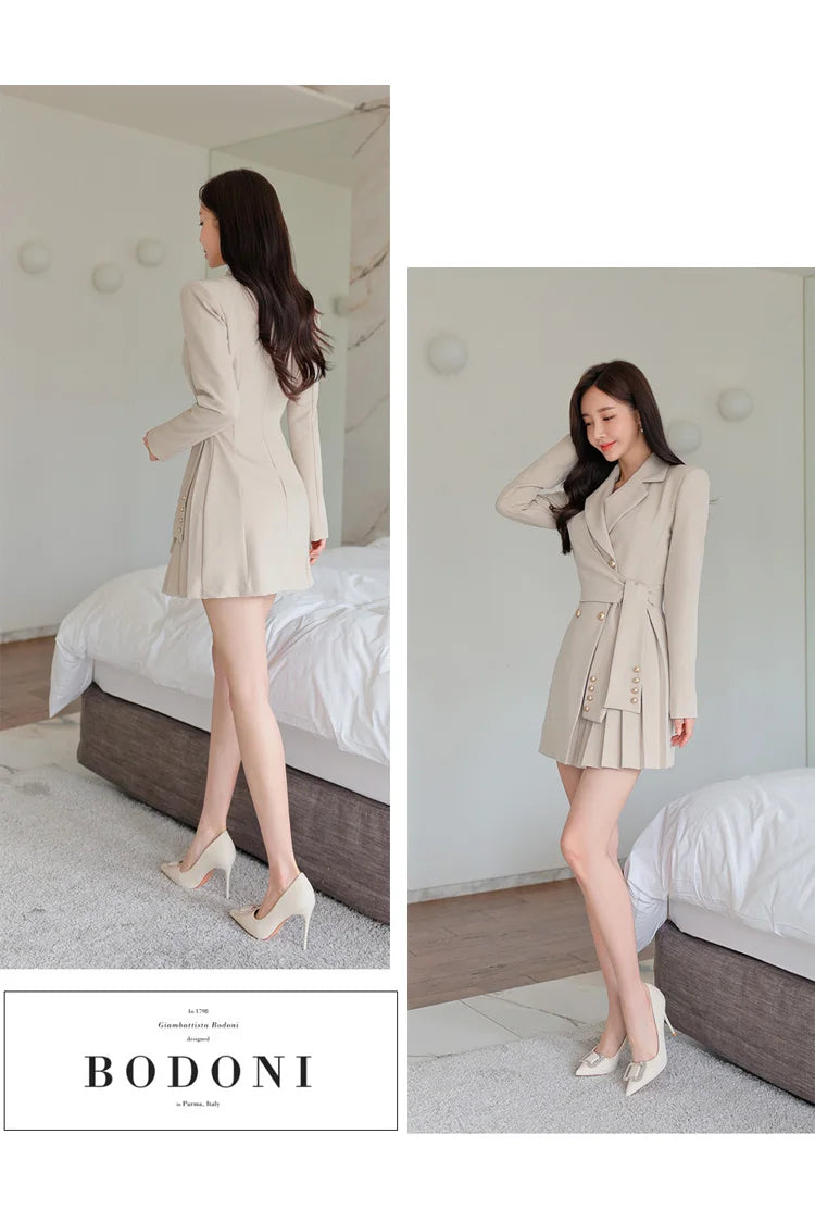 H Han Queen Autumn Winter Dresses Korean Lace-Up Professional Jacket Vestido Elegant Fashion Slim Office Party Casual Dress