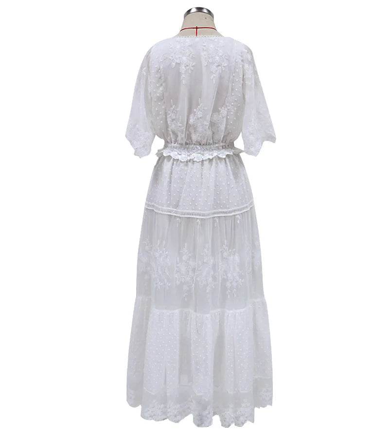 Women's Dress White Hollow Out Cotton Sundress Lace Sleeveless Long Splicing Summer Party Elegant Evening Woman Skirt Clothing - AIAZ