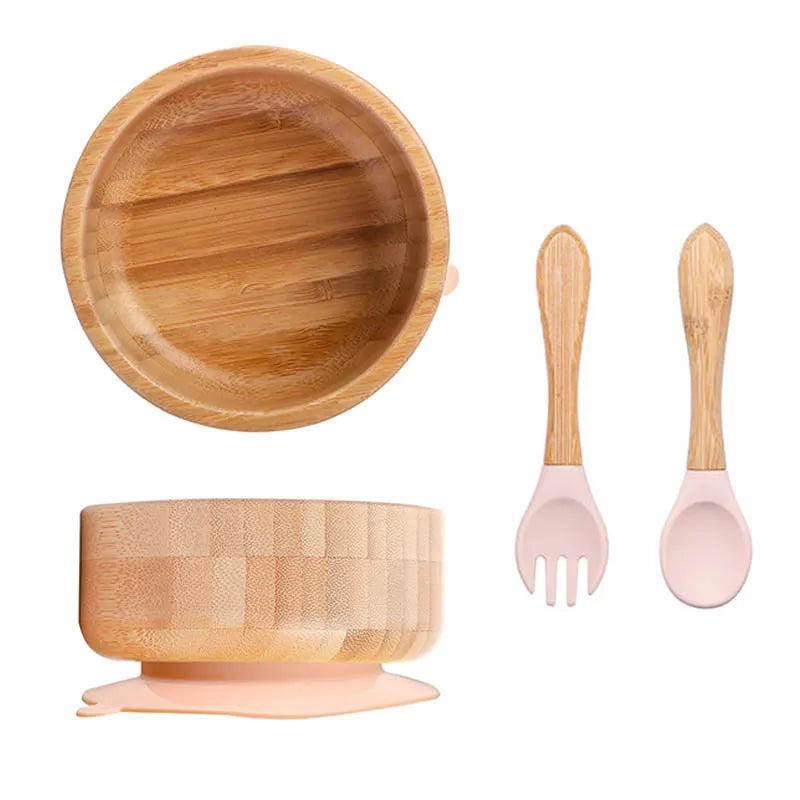 Baby Feeding Bowl Food Tableware Kids Wooden Training Plate Silicone Suction Cup Removable Wooden Fork Spoon Children's Dishes