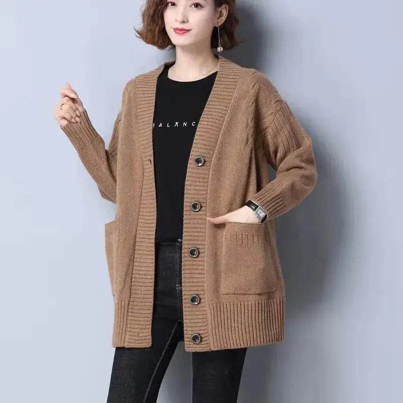 Knitted cardigan women's mid length westernized top autumn and winter new Korean version loose sweater age reducing jacket women - AIAZ