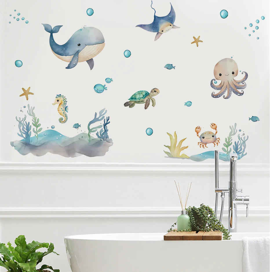 Watercolor Cartoon Ocean Fish Animal Wall Sticker Living Room Bedroom Sea Life Beach Landscape Wall Decal Home Decor