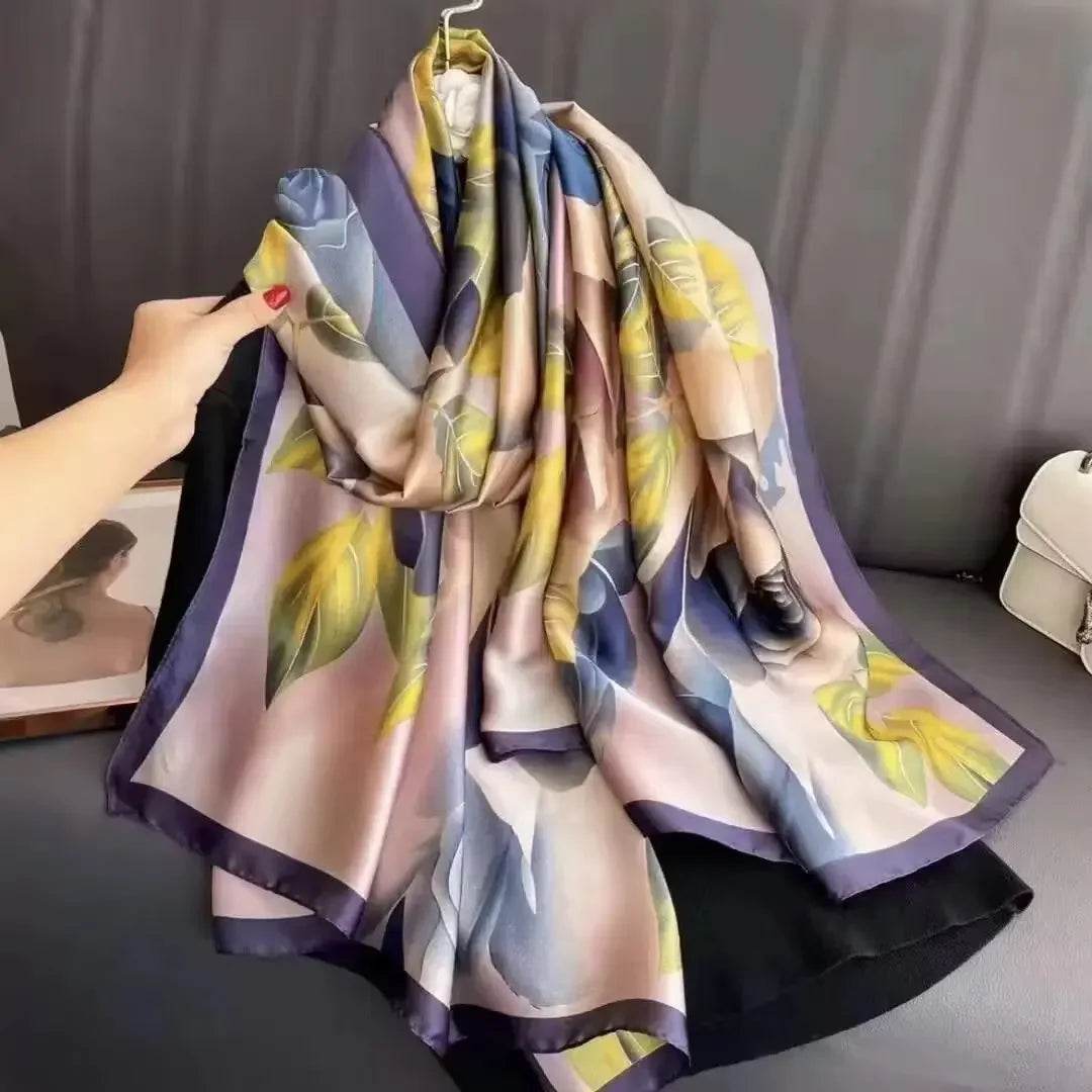 New Summer Women's Silk Scarf Sun Protection Satin Print Extra Long Beach Cover Up Decorative Mom's Shawl Fashionable Accessory - AIAZ