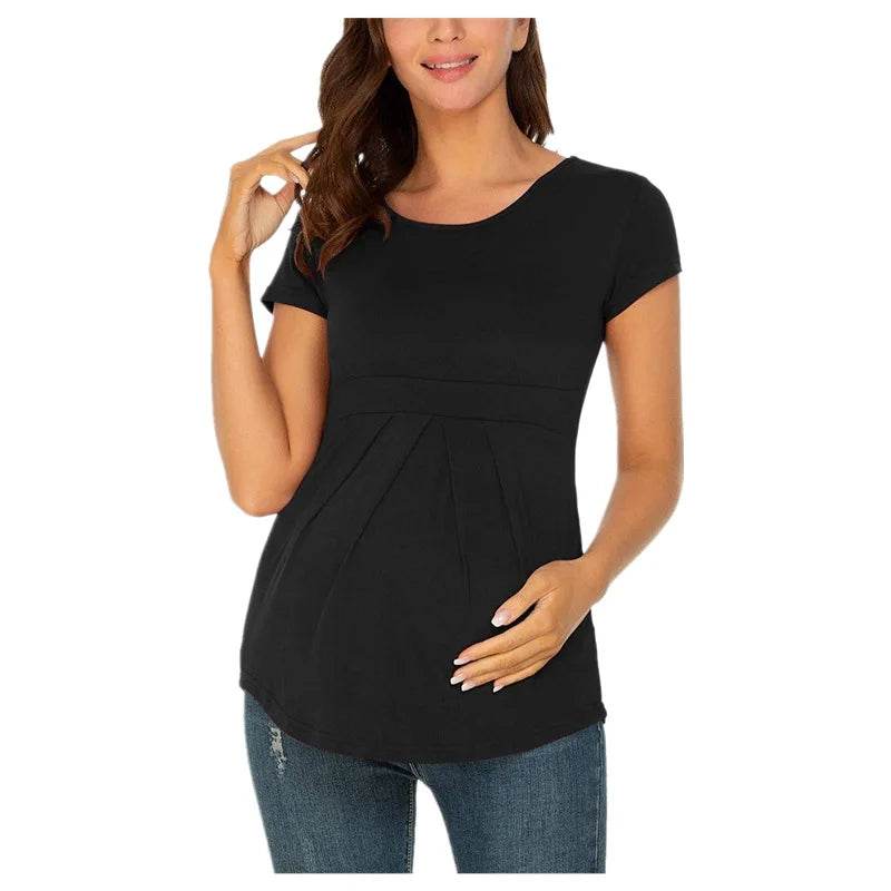 Summer Maternity Tops Women Pregnancy Short Sleeve T-Shirts Casual Tees for Pregnant Elegant Ladies Folds T-Shirt Women Clothes - AIAZ
