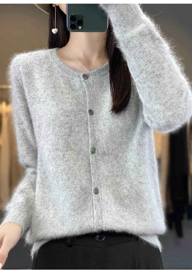 Women's Cardigan 100% Mink Cashmere Sweater,O-Neck Long Sleeve Top,Plus-Size Loose,Spring and Autumn Soft Knitted Jacket Female - AIAZ