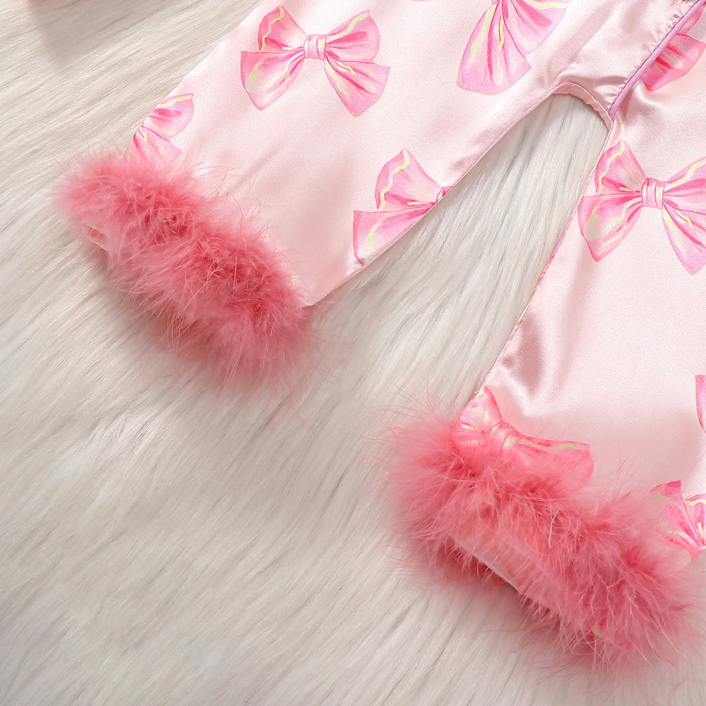 MISOWMNJOY Satin Baby Girls Pajamas Spring Long Sleeve Bow Print Furry Patchwork Button Closure Jumpsuit Sleepwear Loungewear