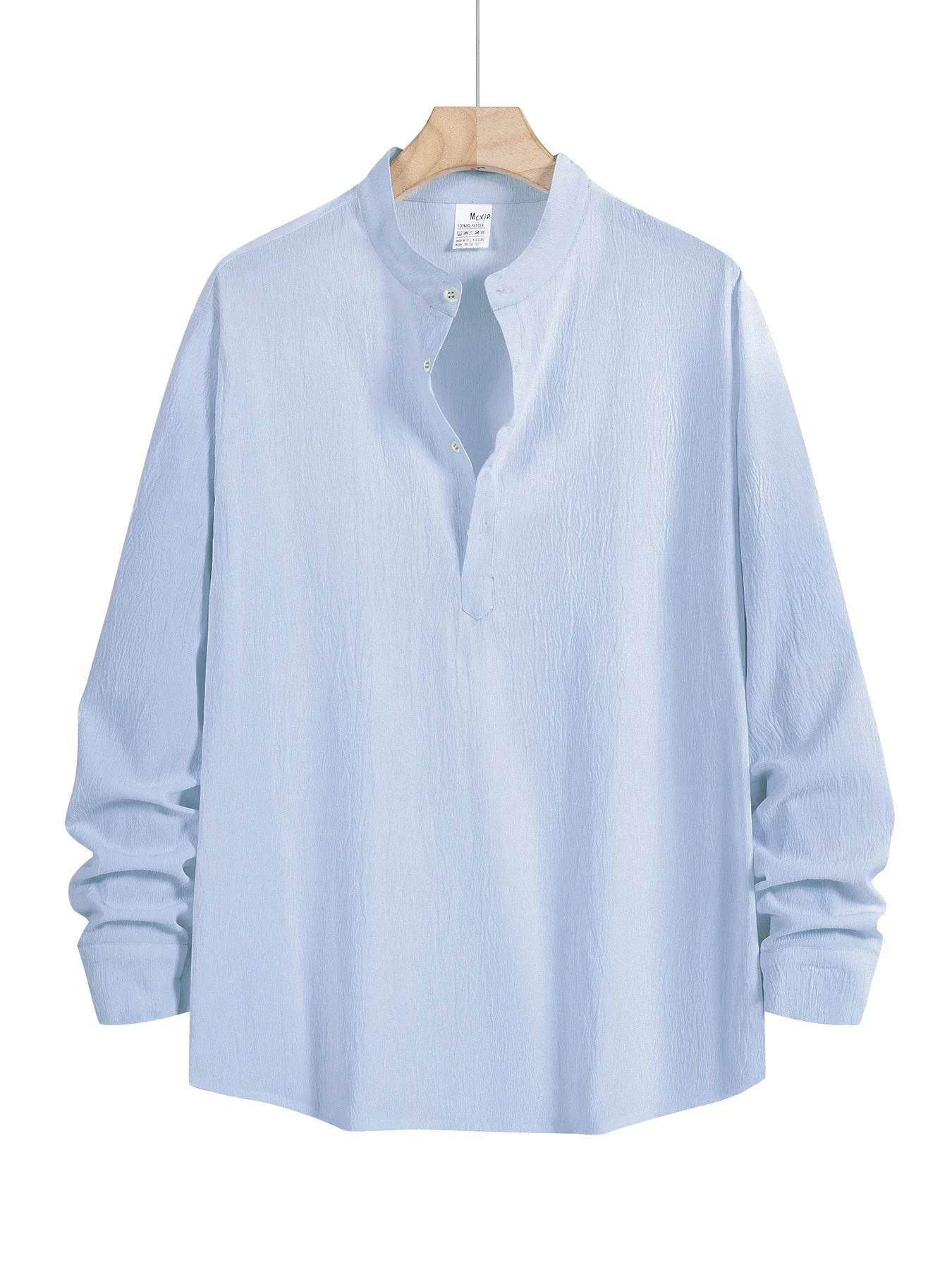 Men's Linen Shirt Summer 2025 Casual Short Sleeve Breathable Stand Collar Loose Fit Trendy Solid Color Youth Top with Pocket - AIAZ