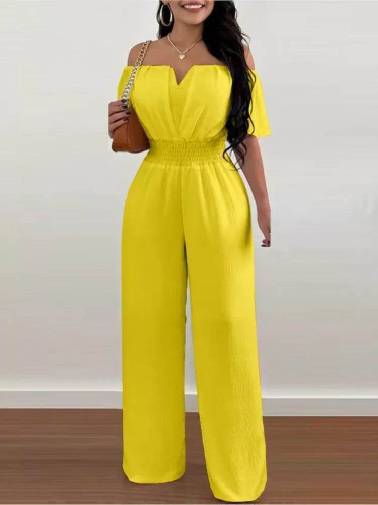 Lady Print High Waist Jumpsuit Sexy Off Shoulder Short Sleeve Wide Leg Pants Jumpsuits Women Fashion Casual Summer Women Clothes - AIAZ