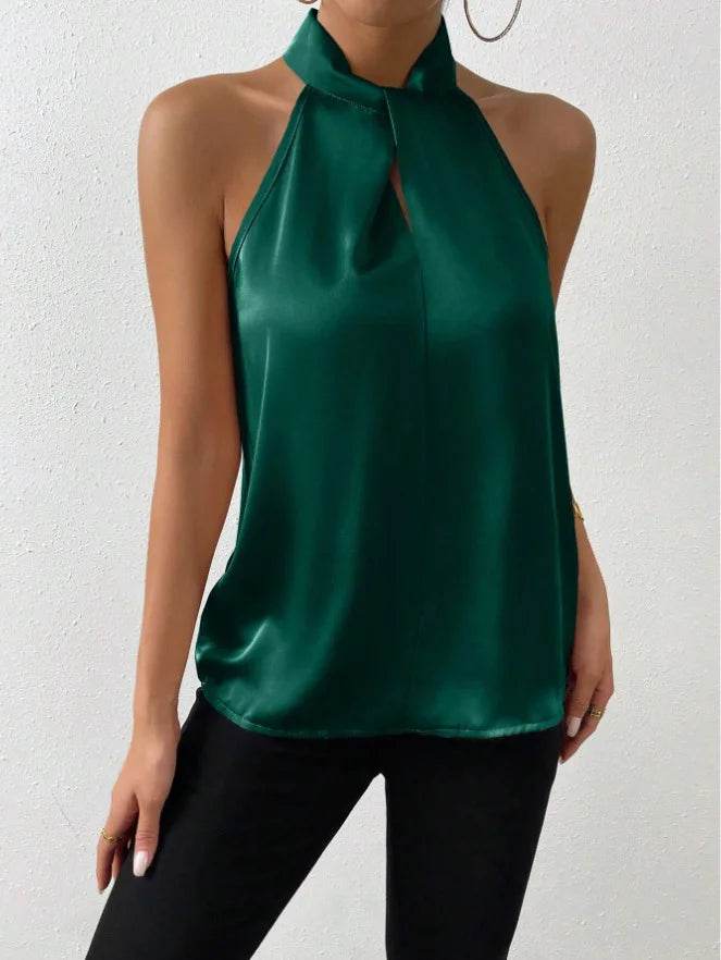 2025 Women's Tanks Top Camis Hanging Neck Strap Design Satin Gloss Loose Sleeveless Blouses Blusas Mujer Moda Black Sexy Shirt - AIAZ