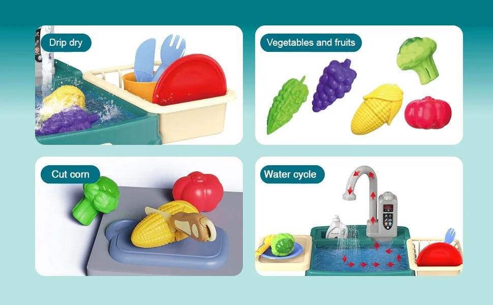 Children's Play At Home Toys Early Education Kitchen Simulation Electric Dishwashing Table Water Outlet Vegetable Washing Toys - AIAZ