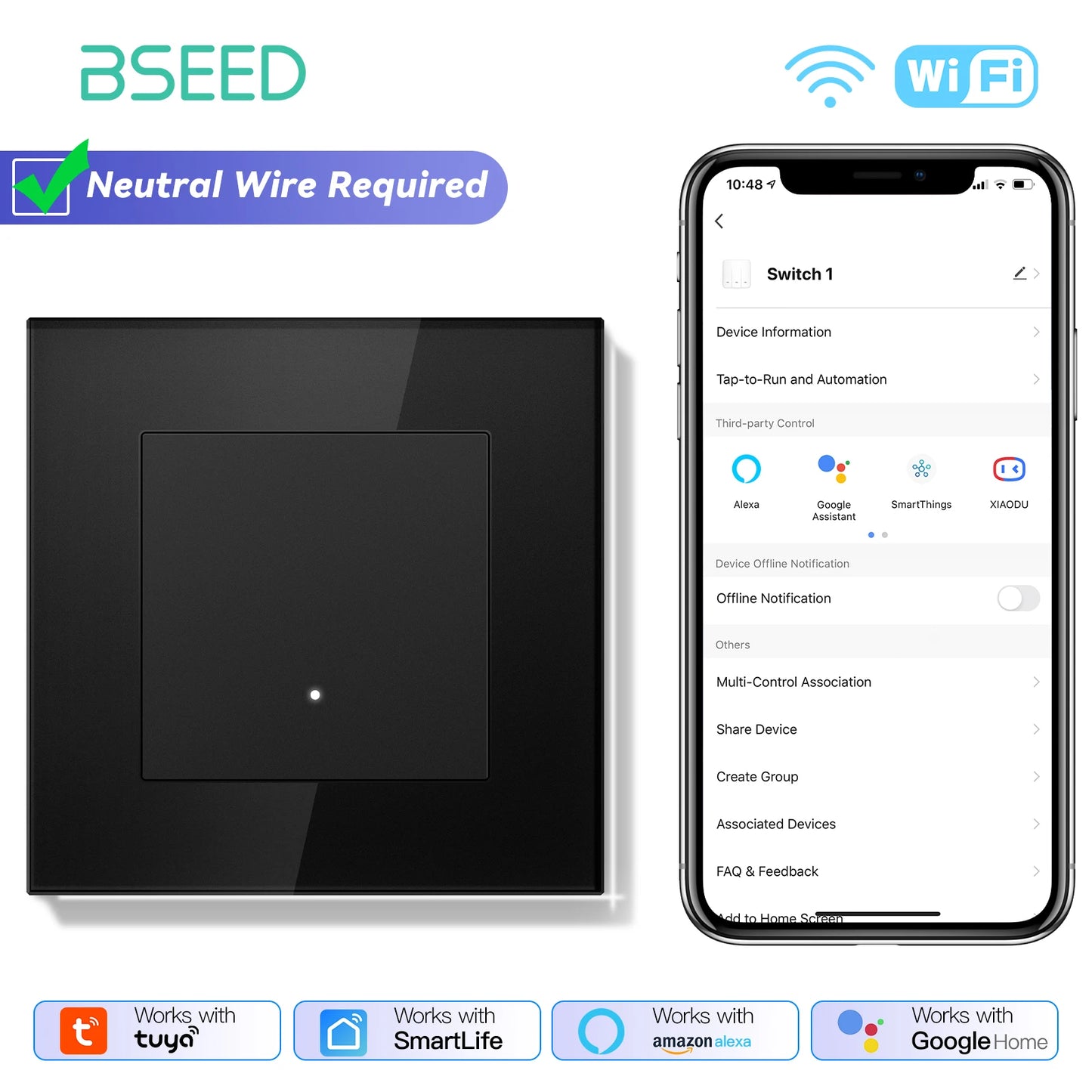BSEED 1/2/3/4Gang 2Way WIFI Light Switch Smart Click Button Switch Glass Panel LED Indicator Support Tuya Smart Life Google Home