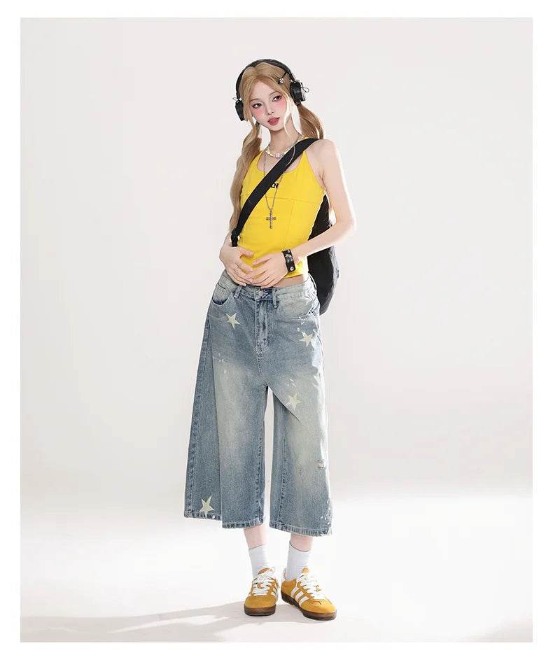 Street Y2K Vintage Washed Cat Whiskered Style embroidered Bermuda Jeans Knee Length Denim Jorts Casual Shorts Cropped Trousers - AIAZ