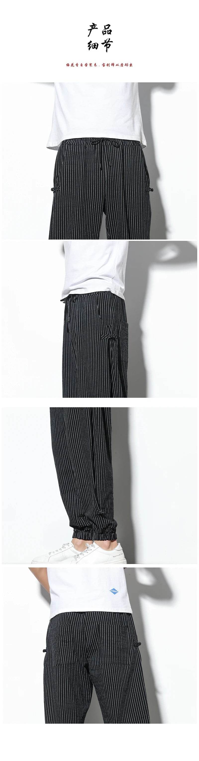 Four Seasons Men Disc Buckle Striped Harem Pants Breathable Cotton Linen Pencil Pants Buckle Casual Bloomers Fashion Trousers - AIAZ