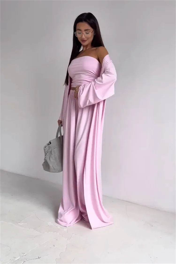 Pants Sets Women Solid Color Loose Long Cardigan Coat Tube Top High Waist Wide Leg Trousers Three Piece Set Casual Lady Suits - AIAZ