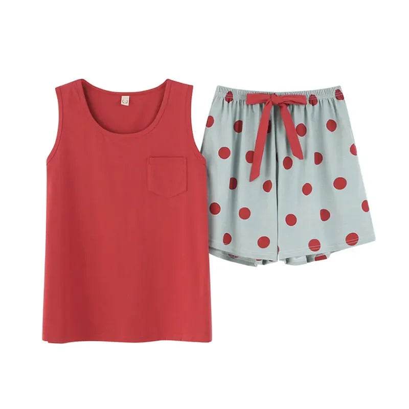 New women's pajamas set summer Cotton solid color top print shorts sleepwear Korean kawaii home clothes pijama two piece set - AIAZ
