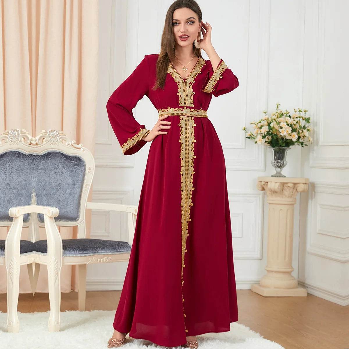 Muslim Women's Clothing Pure Color Splicing Basic Loose Embroidered Long Skirt Long Sleeve Dress - AIAZ
