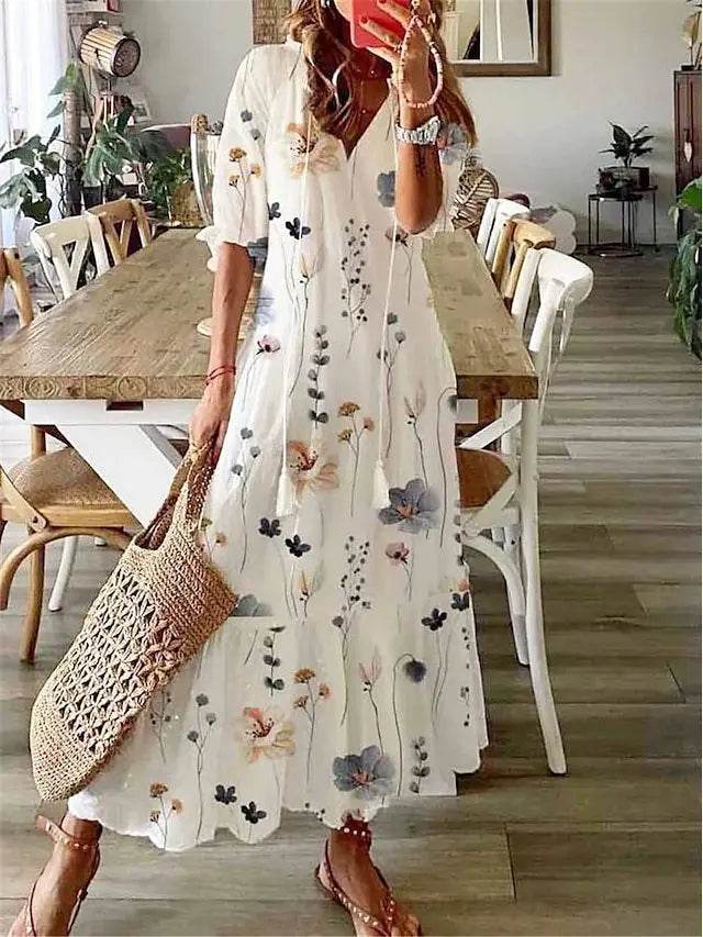 New Women's Spring Summer Dress Sexy V-neck Drawstring Printed Long-sleeved Dress Casual Loose Fashion Elegant Fresh Sweet Dress - AIAZ