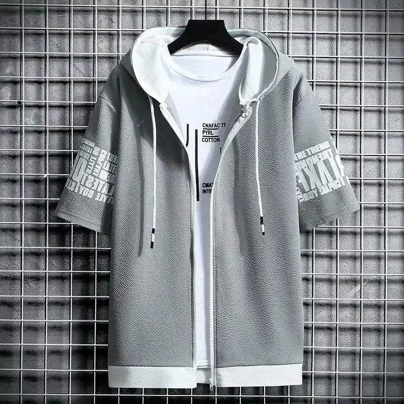 Fashion Men's Hoodies Summer Men Clothing T-shirt Zipper Hood Cartoon Casual T Shirt Print Hooded Top Short Sleeve Men - AIAZ
