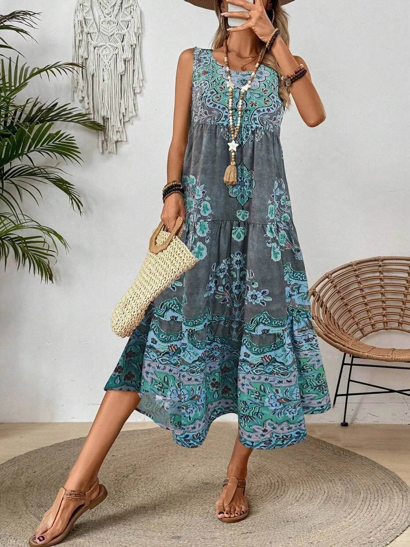 Women Vintage Print Sleeveless O-neck Vest Long Dresses 2025 Summer Fashion New Beach Vacation A-line Dress Woman Loose Dress - AIAZ