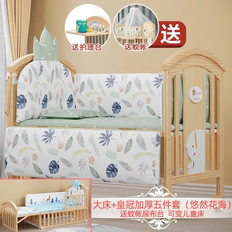 Baby Crib Multifunctional BB Baby Crib Solid Wood Unpainted Cradle Bed Movable Newborn Children Splicing Large Bed