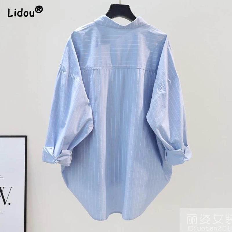 Women's Clothing 2023 Striped Simplicity Fashion Casual Spring Summer Thin Pockets Turn-down Collar Button Loose Formal Blouses - AIAZ