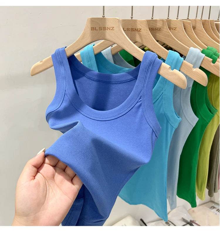 Women Solid Round Neck Ribbed Tank Top Camisole Women 2025 Summer Basic Elastic Tank Top O Neck Solid Tank Top - AIAZ