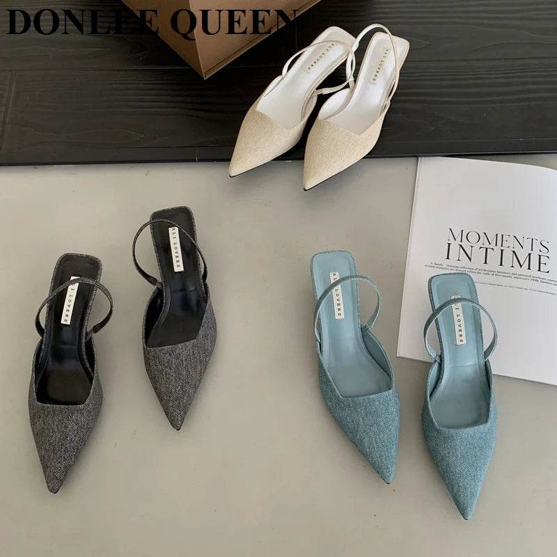 Fashion Brand Slingback Sandals Women Med Heels Pumps Elegant Pointed Toe Female Mules Dress Slides Sandalias Mujer Verano Mujer - AIAZ