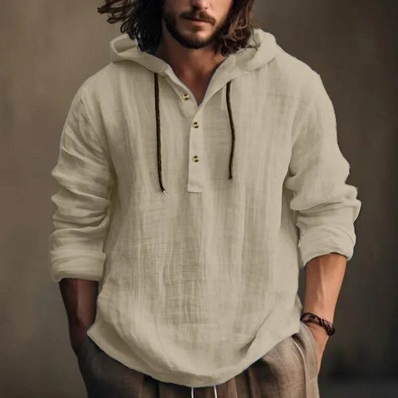 24 New cotton and linen shirts hooded loose large size casual sweater long sleeve hoodie men - AIAZ