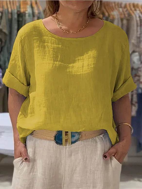 Women's Shirt Summer Fall New Solid Top Fashion Mid-sleeve O-neck Cotton Linen Button-up Casual Loose Shirts For Women Clothing - AIAZ