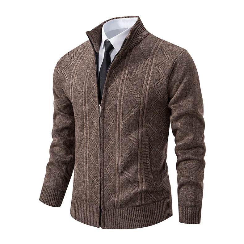 Thickened jacket men's autumn and winter warm trend line stand collar knitted cardigan sweater coat - AIAZ