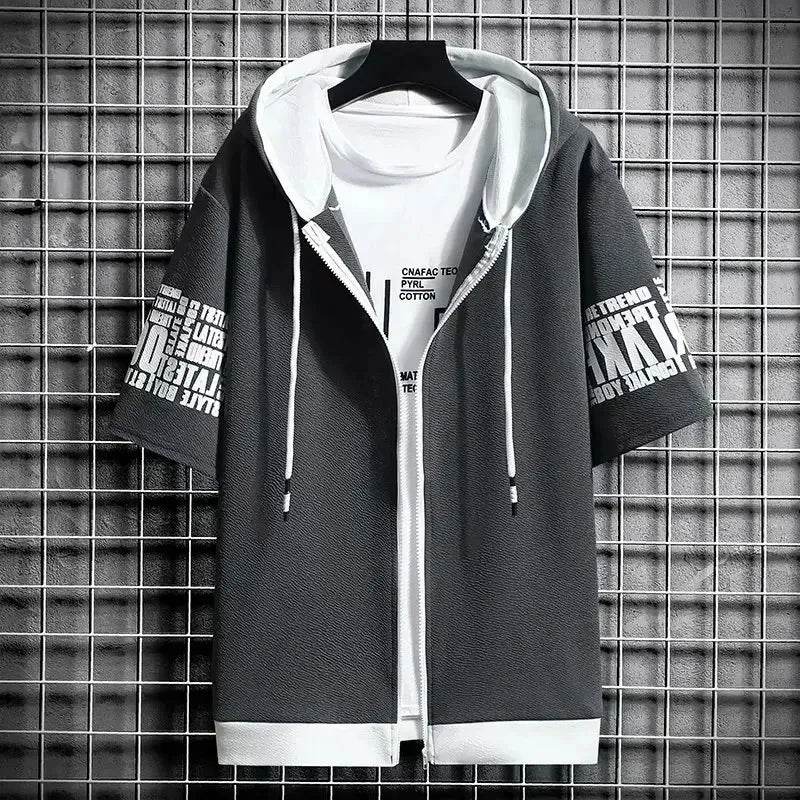 Fashion Men's Hoodies Summer Men Clothing T-shirt Zipper Hood Cartoon Casual T Shirt Print Hooded Top Short Sleeve Men - AIAZ