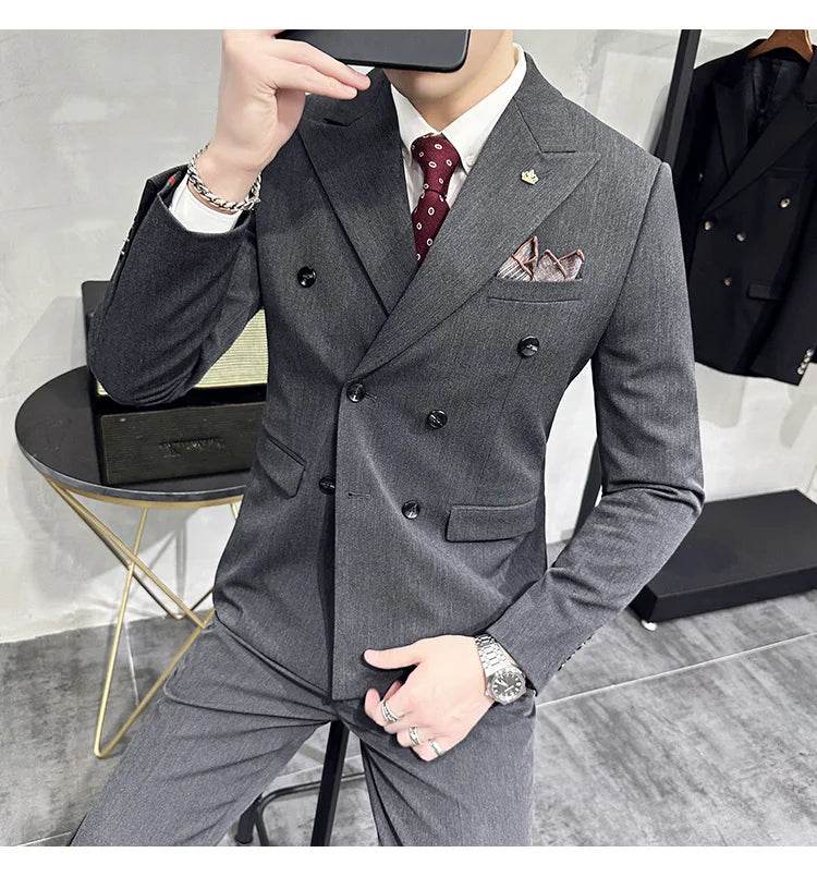 Jackets + Pants / Groom's Wedding Dress Best Fashion Mans Double -breasted Suit Blazer Trousers Male Formal Business Office Suit - AIAZ