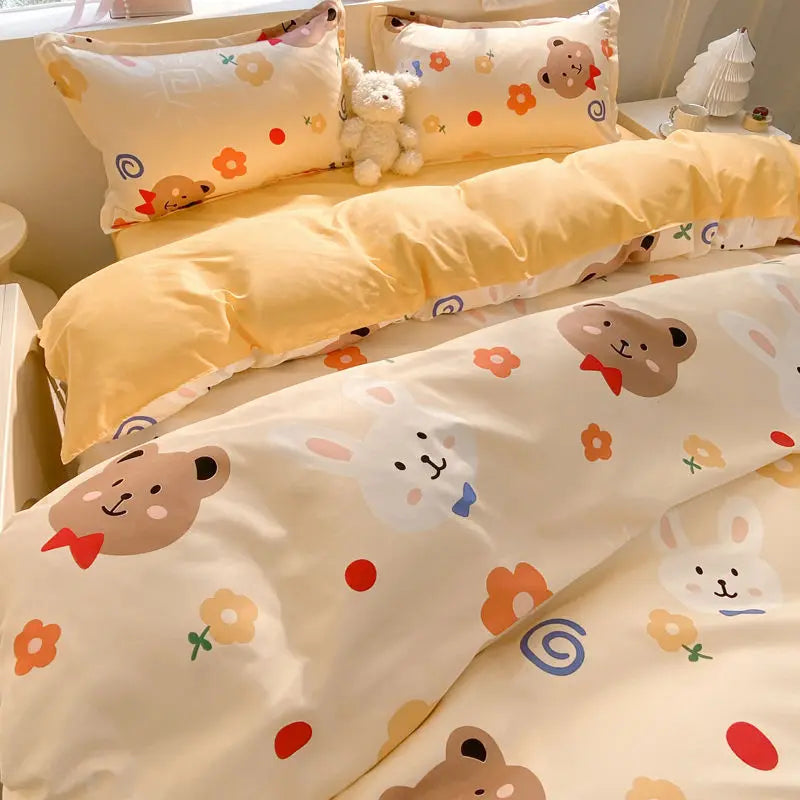 Cute Bear Duvet Cover Set with Zipper Pink Heart Bed Sheet Pillowcases No Filler Twin Queen Size Girls Boys Gift Bedding Set
