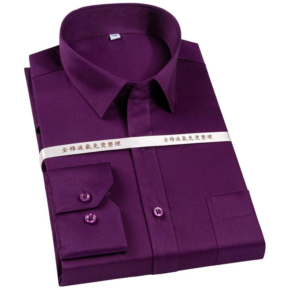 Men's Non Iron Standard-fit Solid Basic Dress Shirt Formal Business Premium 100% Cotton Male Long Sleeve Work Office Shirts - AIAZ